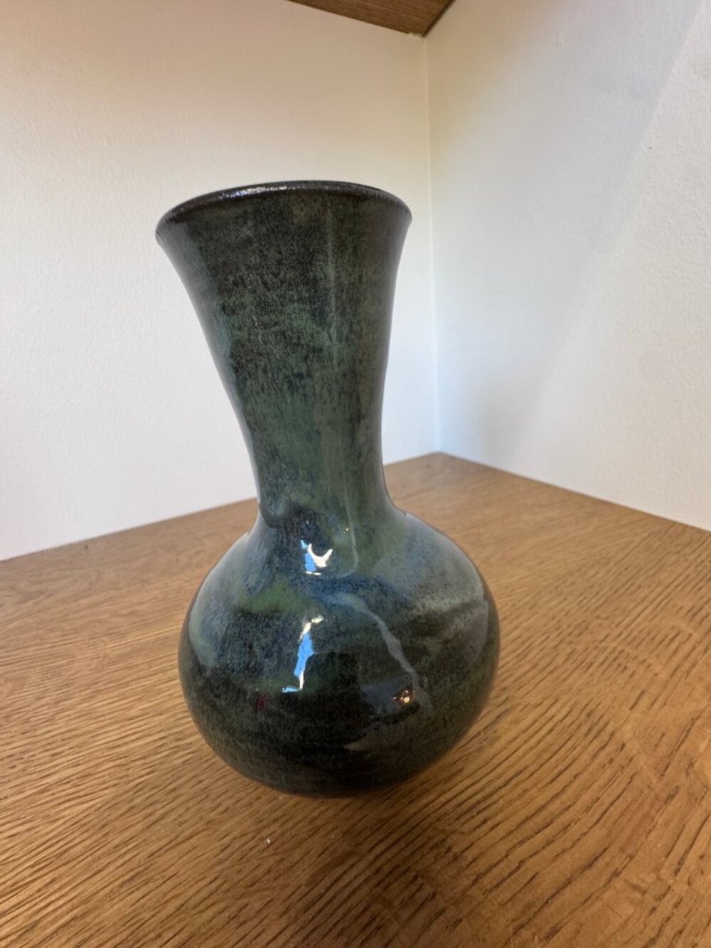 Hand Thrown Studio Pottery Vase Signed 2003 Green Stoneware Bottle Vase 7.25"